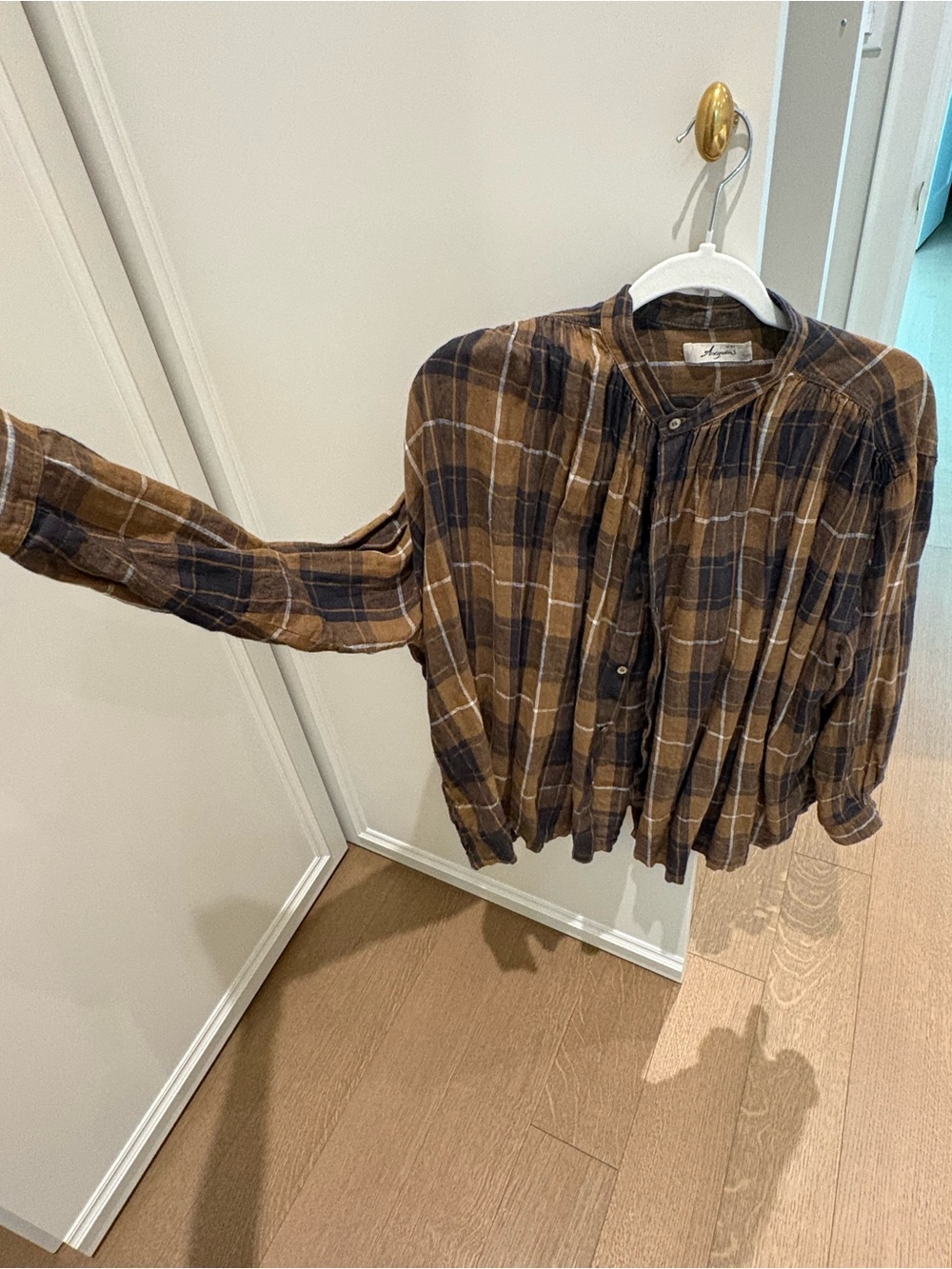 Ichi Antiquities Plaid Button-Front Peasant Blouse in Brown and Navy